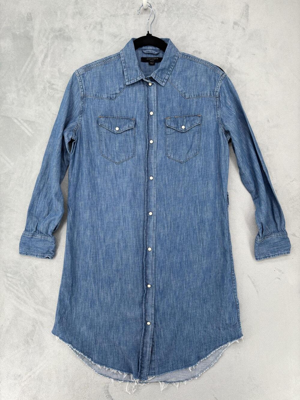 AllSaints Shirt Womens S Blue Denim Tunic Button-Up Relaxed Long Sleeve